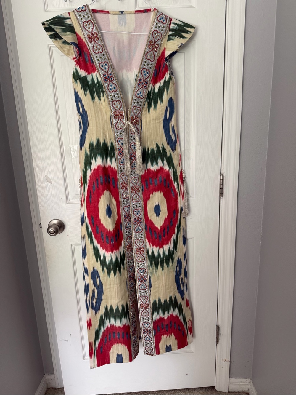 Boho Ikat Maxi Dress with Embroidered Trim - Red, Blue, Green, Cream